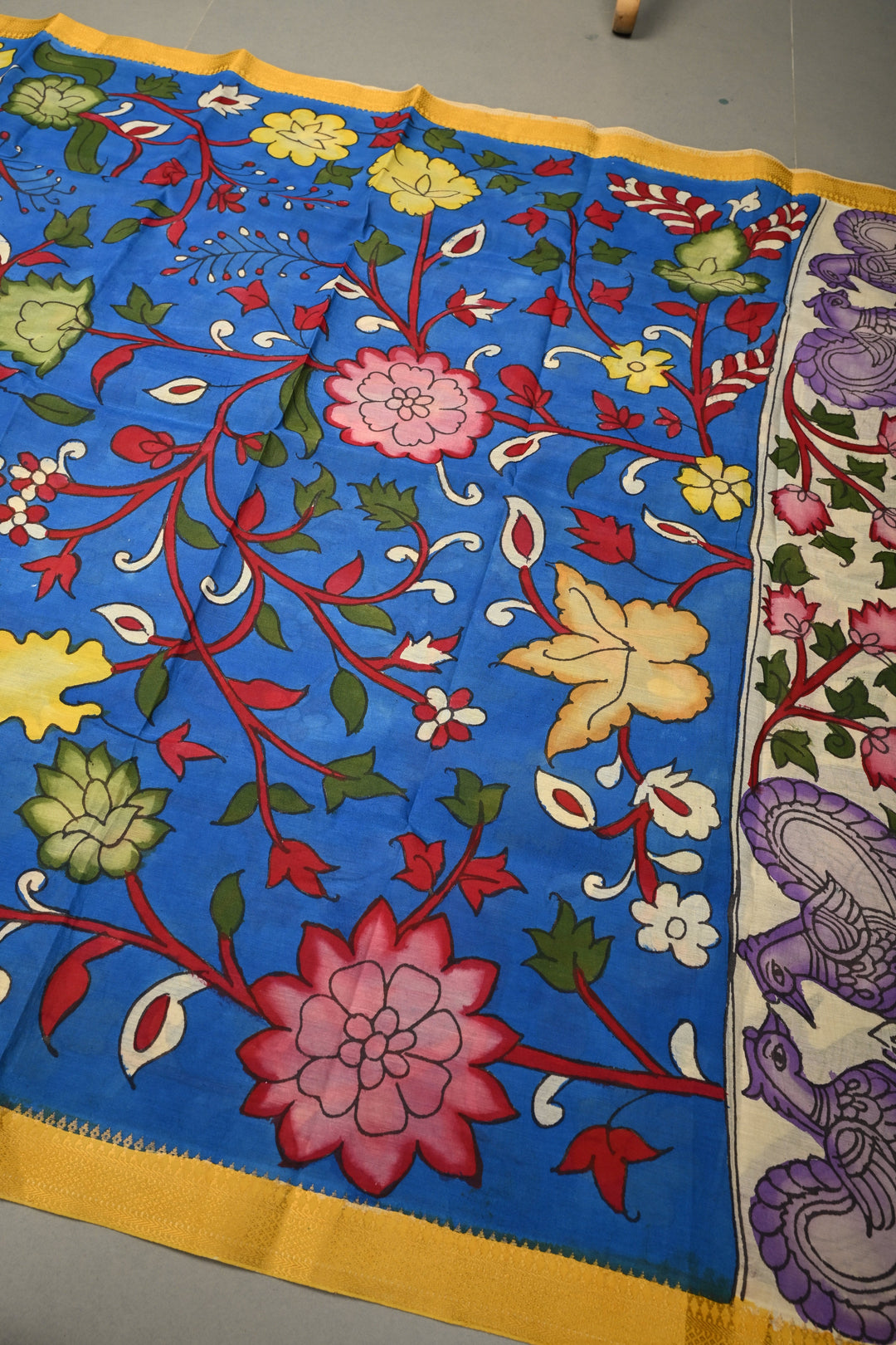 Dupatta: Cobalt Blue Authentic Pen Kalamkari on Mangalagiri Silk Cotton Dupatta with Floral Theme and Nizam Zari Borders | SHOBITAM