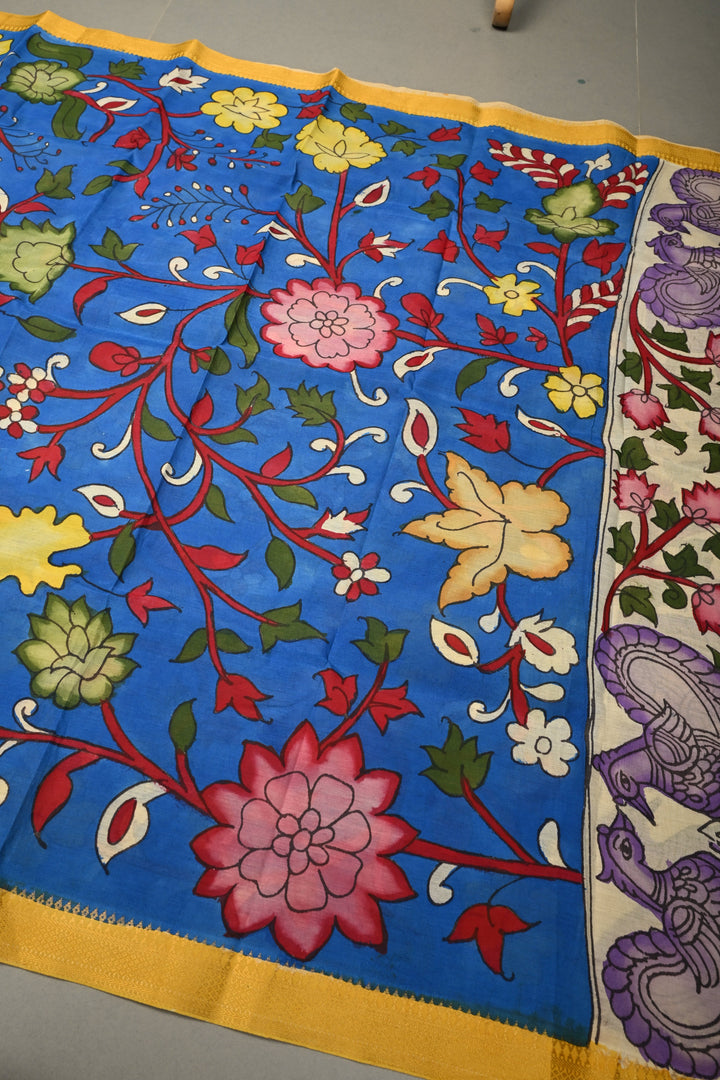Dupatta: Cobalt Blue Authentic Pen Kalamkari on Mangalagiri Silk Cotton Dupatta with Floral Theme and Nizam Zari Borders | SHOBITAM