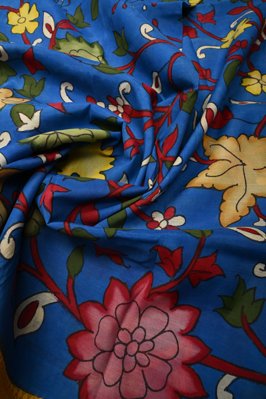 Dupatta: Cobalt Blue Authentic Pen Kalamkari on Mangalagiri Silk Cotton Dupatta with Floral Theme and Nizam Zari Borders | SHOBITAM