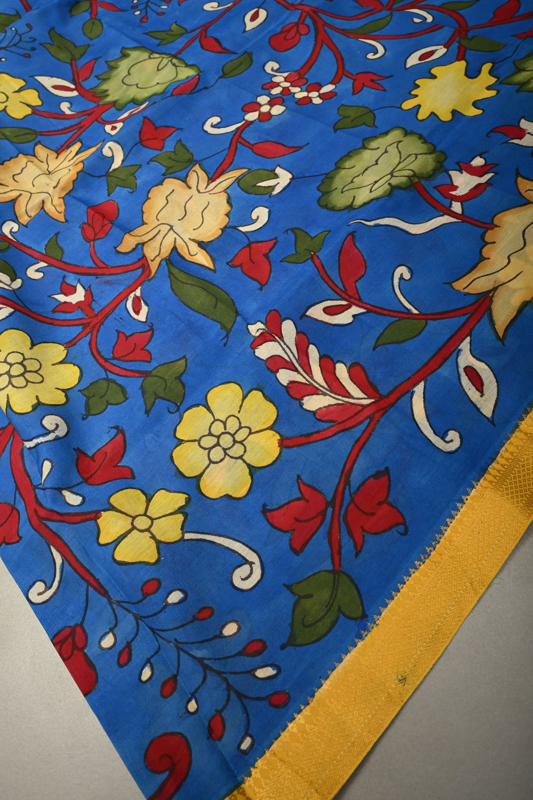 Dupatta: Cobalt Blue Authentic Pen Kalamkari on Mangalagiri Silk Cotton Dupatta with Floral Theme and Nizam Zari Borders | SHOBITAM