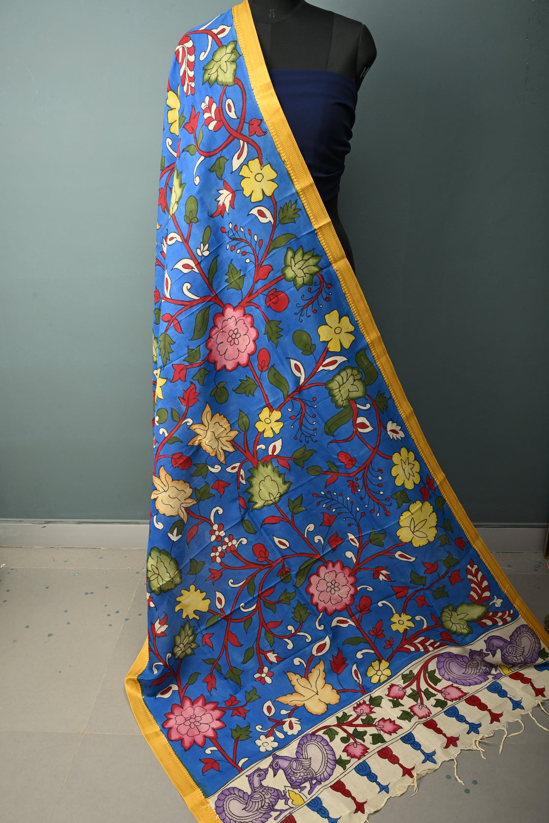 Dupatta: Cobalt Blue Authentic Pen Kalamkari on Mangalagiri Silk Cotton Dupatta with Floral Theme and Nizam Zari Borders | SHOBITAM