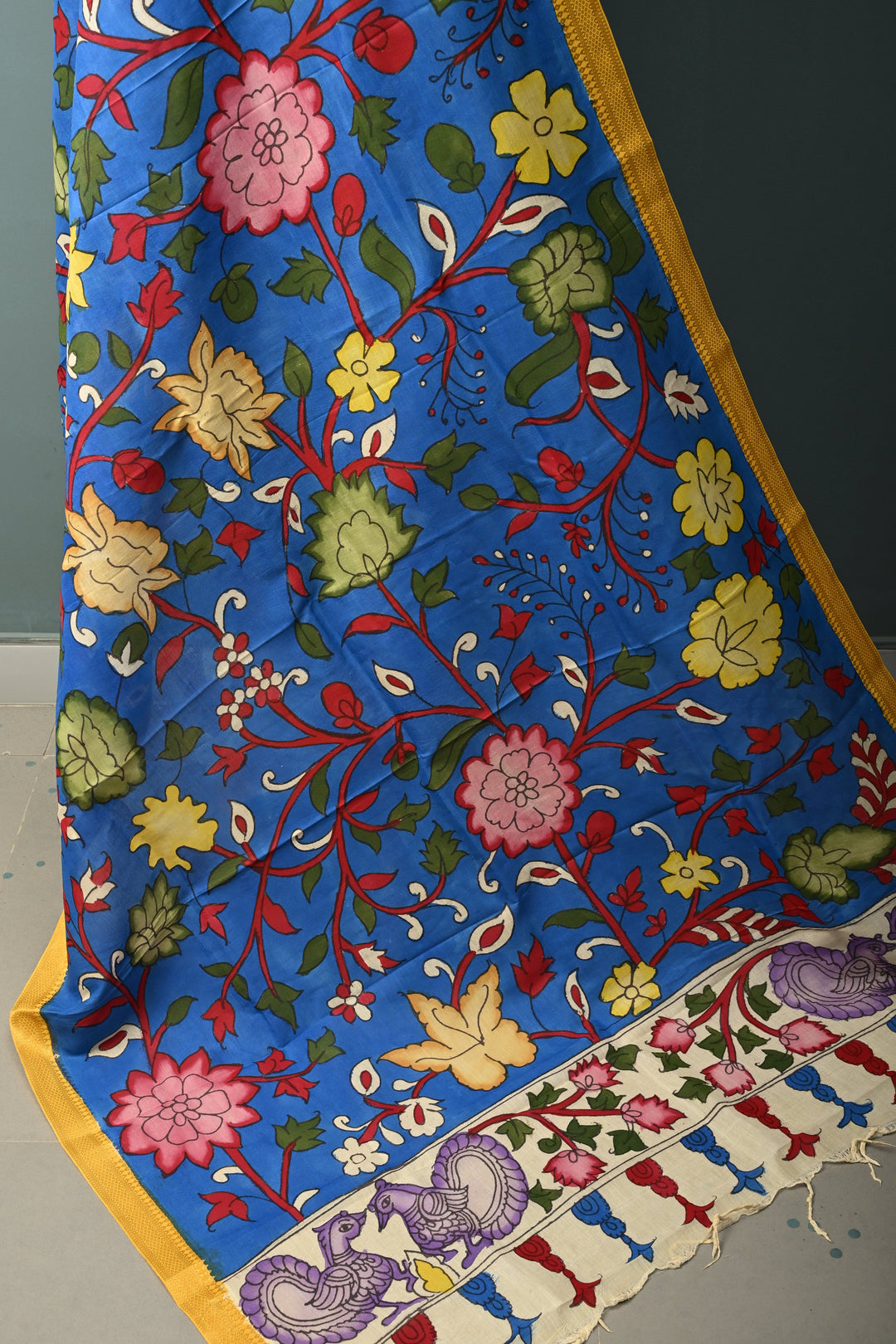 Dupatta: Cobalt Blue Authentic Pen Kalamkari on Mangalagiri Silk Cotton Dupatta with Floral Theme and Nizam Zari Borders | SHOBITAM