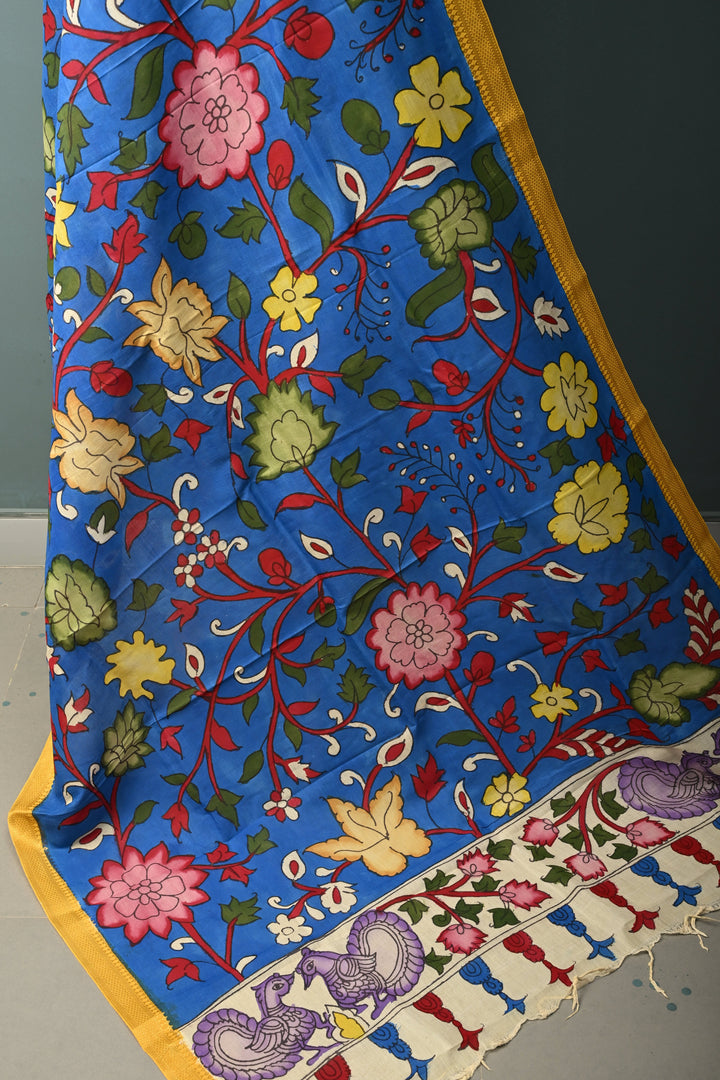 Dupatta: Cobalt Blue Authentic Pen Kalamkari on Mangalagiri Silk Cotton Dupatta with Floral Theme and Nizam Zari Borders | SHOBITAM