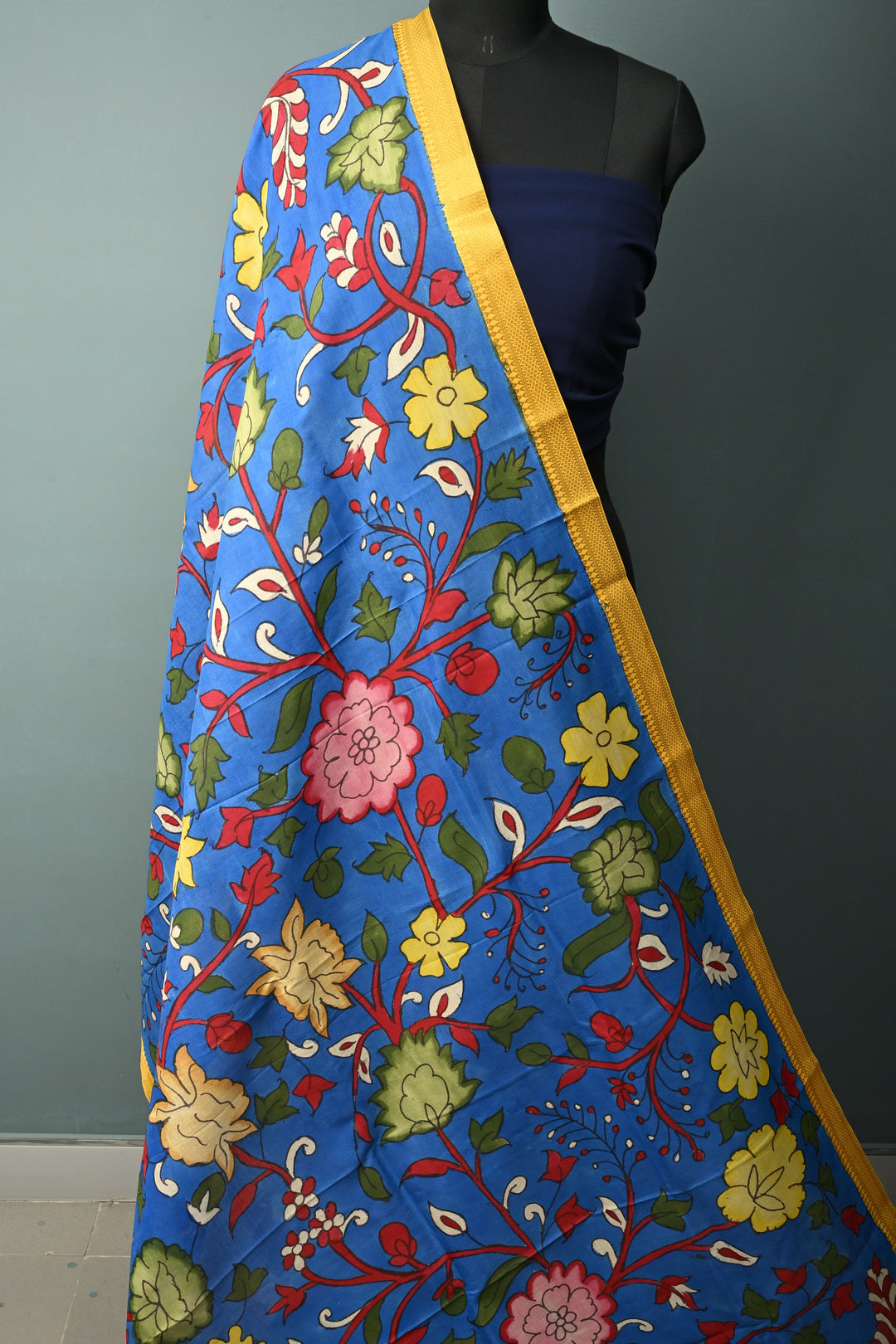 Dupatta: Cobalt Blue Authentic Pen Kalamkari on Mangalagiri Silk Cotton Dupatta with Floral Theme and Nizam Zari Borders | SHOBITAM