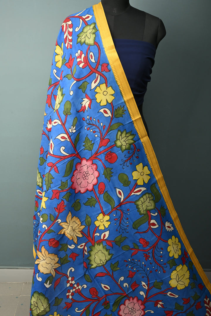 Dupatta: Cobalt Blue Authentic Pen Kalamkari on Mangalagiri Silk Cotton Dupatta with Floral Theme and Nizam Zari Borders | SHOBITAM
