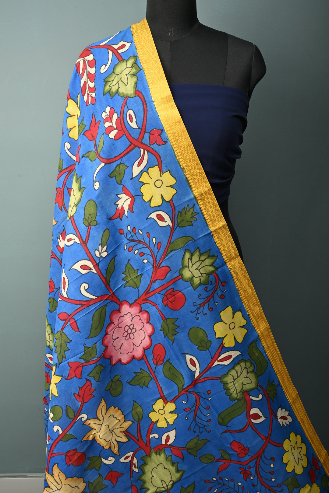 Dupatta: Cobalt Blue Authentic Pen Kalamkari on Mangalagiri Silk Cotton Dupatta with Floral Theme and Nizam Zari Borders | SHOBITAM