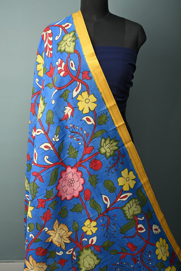 Dupatta: Cobalt Blue Authentic Pen Kalamkari on Mangalagiri Silk Cotton Dupatta with Floral Theme and Nizam Zari Borders | SHOBITAM
