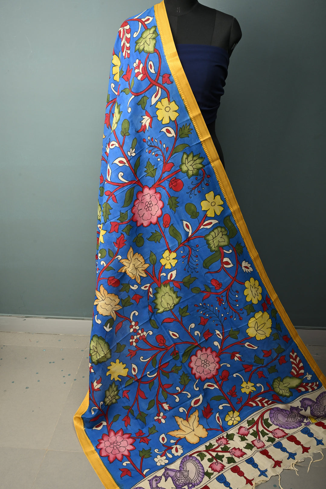 Dupatta: Cobalt Blue Authentic Pen Kalamkari on Mangalagiri Silk Cotton Dupatta with Floral Theme and Nizam Zari Borders | SHOBITAM
