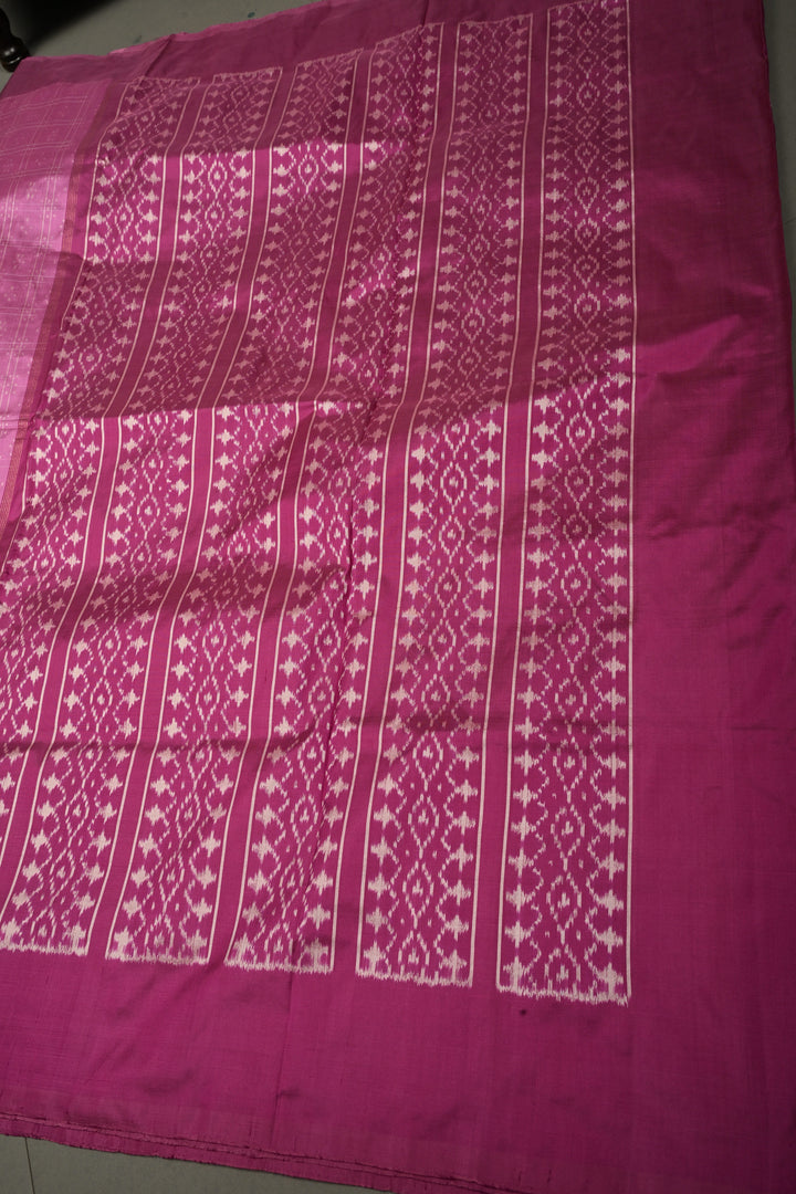 Rose Pink Checks on Pochampally Ikkat Pure Silk Saree with Geometric Design and Mauve Border  | SILK MARK CERTIFIED | SHOBITAM