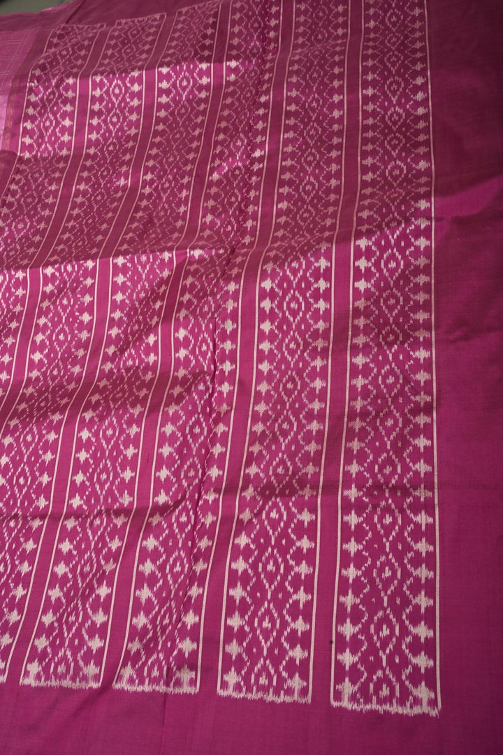 Rose Pink Checks on Pochampally Ikkat Pure Silk Saree with Geometric Design and Mauve Border  | SILK MARK CERTIFIED | SHOBITAM