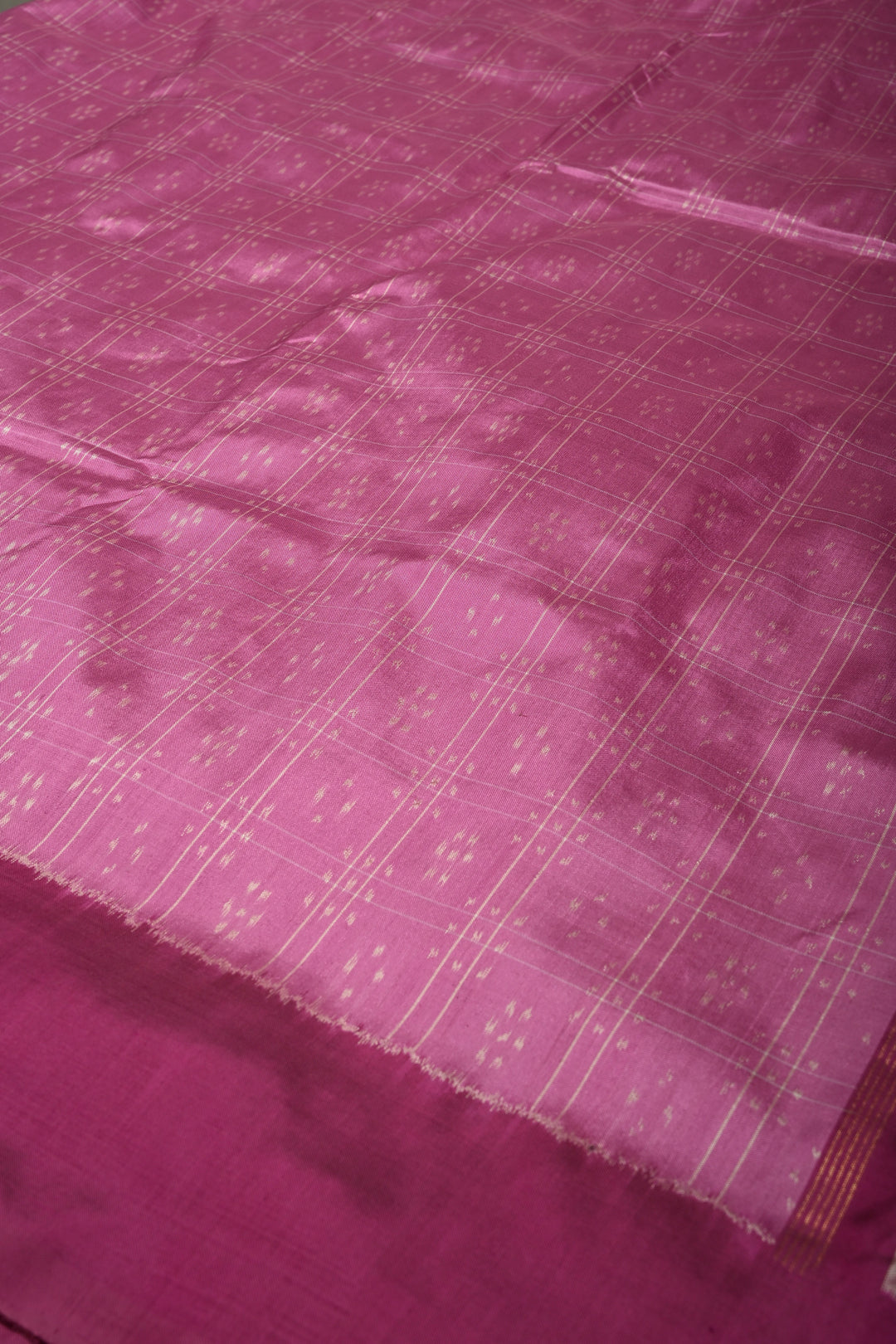 Rose Pink Checks on Pochampally Ikkat Pure Silk Saree with Geometric Design and Mauve Border  | SILK MARK CERTIFIED | SHOBITAM