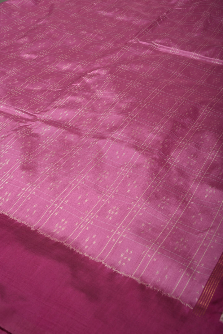 Rose Pink Checks on Pochampally Ikkat Pure Silk Saree with Geometric Design and Mauve Border  | SILK MARK CERTIFIED | SHOBITAM