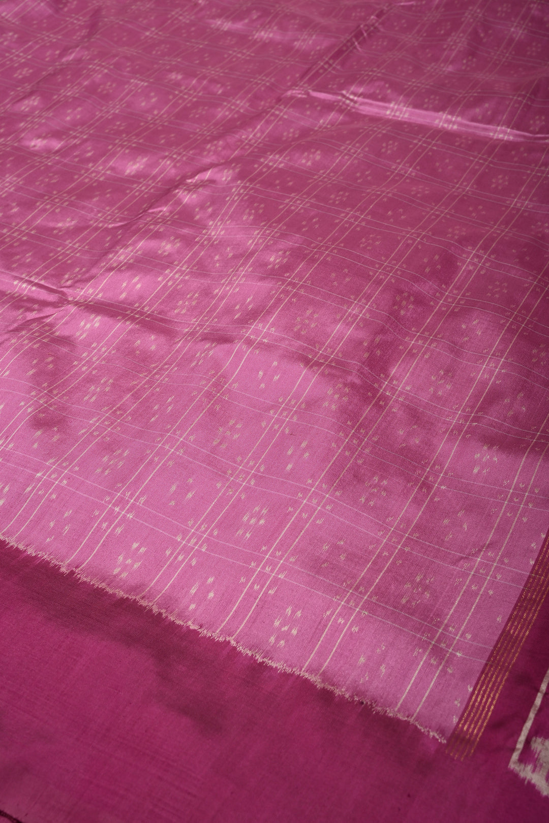 Rose Pink Checks on Pochampally Ikkat Pure Silk Saree with Geometric Design and Mauve Border  | SILK MARK CERTIFIED | SHOBITAM
