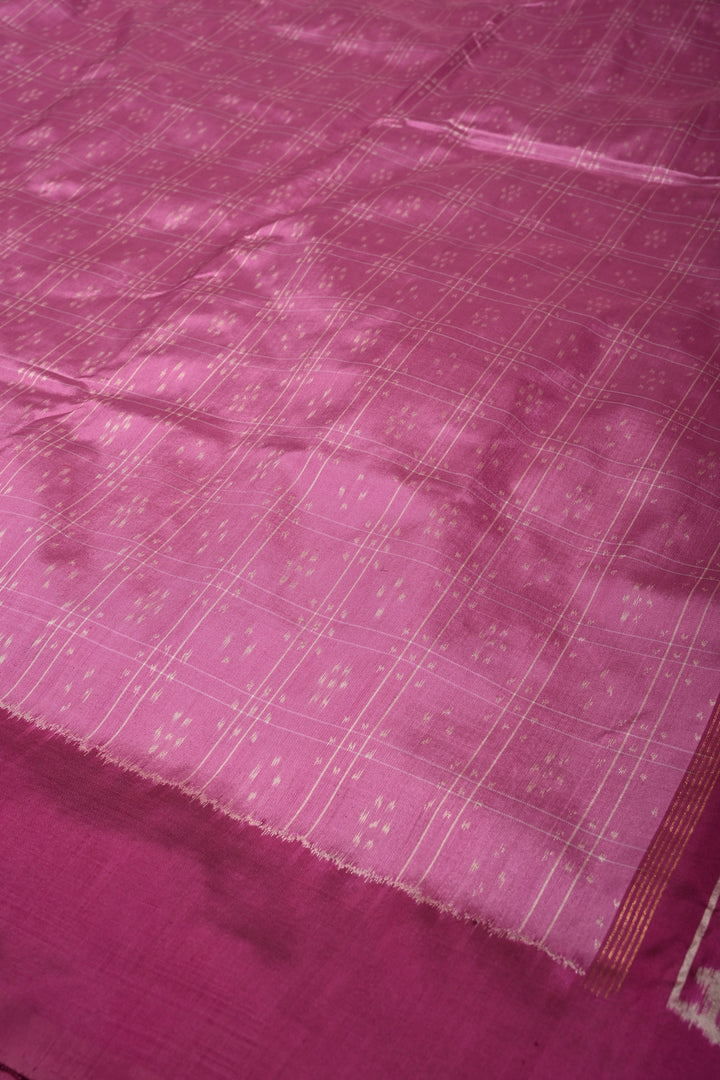 Rose Pink Checks on Pochampally Ikkat Pure Silk Saree with Geometric Design and Mauve Border  | SILK MARK CERTIFIED | SHOBITAM