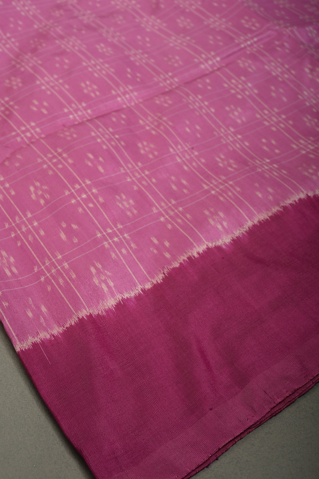 Rose Pink Checks on Pochampally Ikkat Pure Silk Saree with Geometric Design and Mauve Border  | SILK MARK CERTIFIED | SHOBITAM