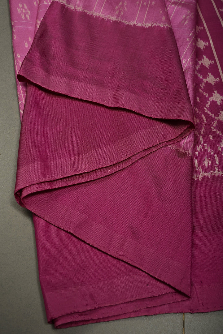 Rose Pink Checks on Pochampally Ikkat Pure Silk Saree with Geometric Design and Mauve Border  | SILK MARK CERTIFIED | SHOBITAM