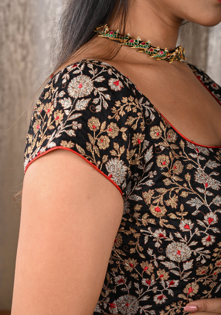 Black Raw Silk Full Jaal Embroidery Blouse with scoop neck and short sleeves, Customizable, Made to order