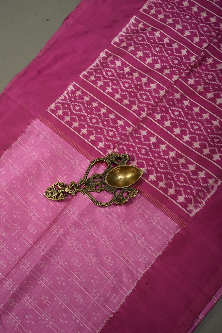 Rose Pink Checks on Pochampally Ikkat Pure Silk Saree with Geometric Design and Mauve Border  | SILK MARK CERTIFIED | SHOBITAM