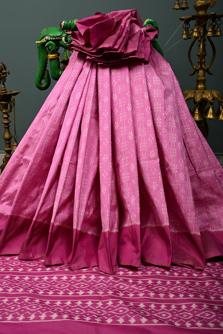 Rose Pink Checks on Pochampally Ikkat Pure Silk Saree with Geometric Design and Mauve Border  | SILK MARK CERTIFIED | SHOBITAM