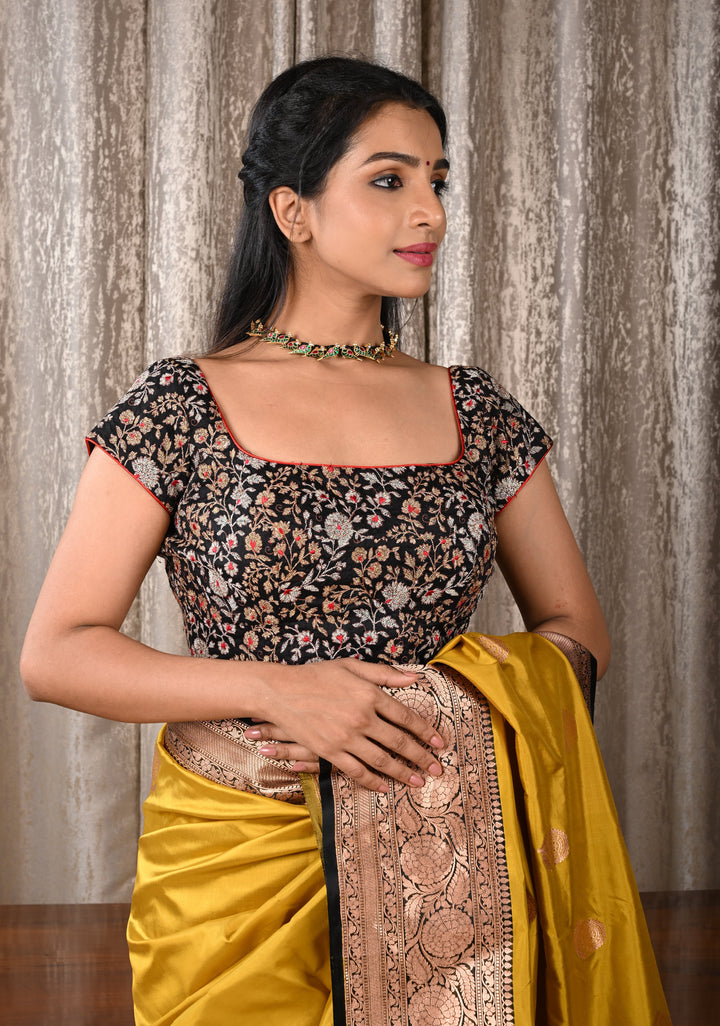 Black Raw Silk Full Jaal Embroidery Blouse with scoop neck and short sleeves, Customizable, Made to order