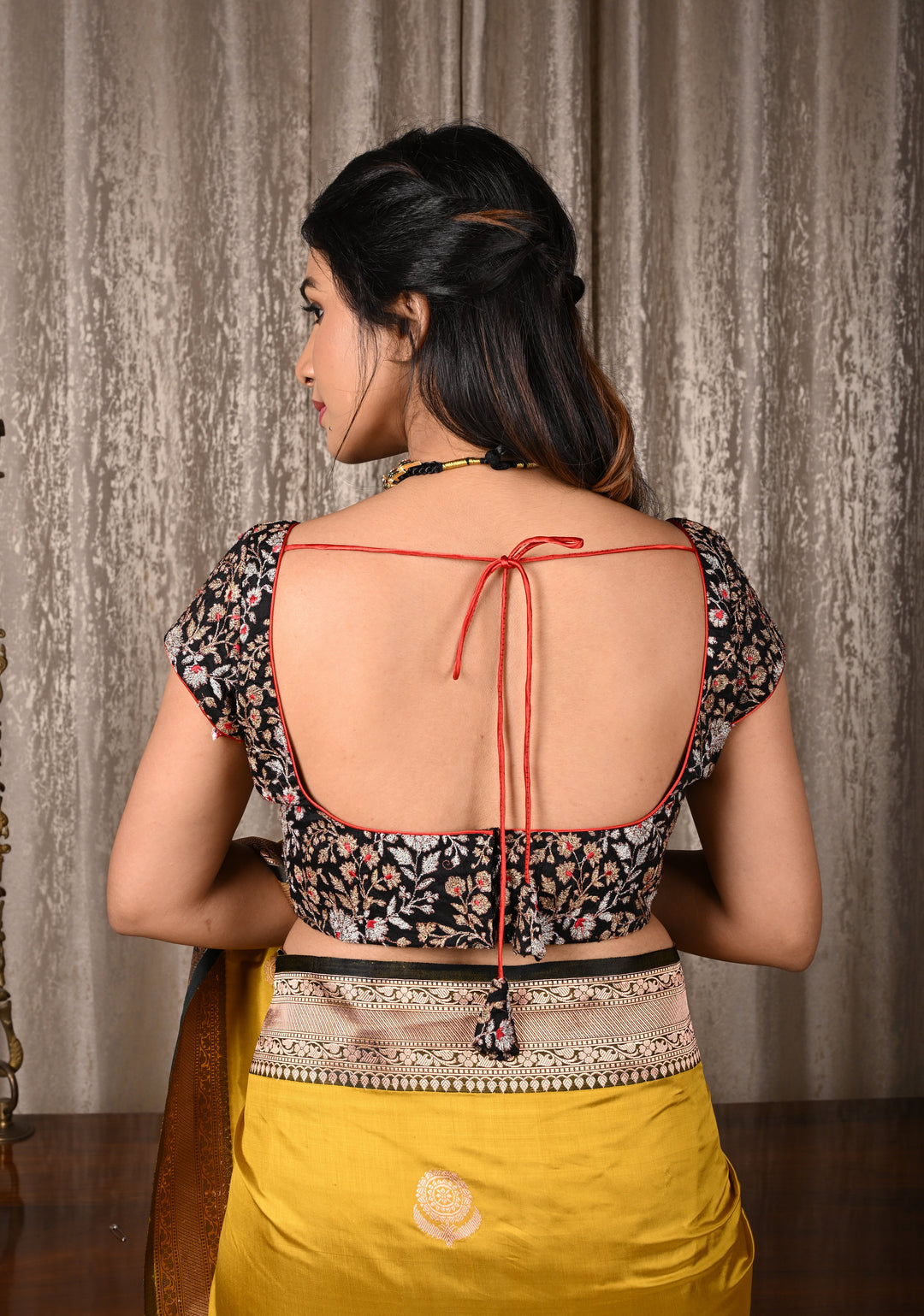 Black Raw Silk Full Jaal Embroidery Blouse with scoop neck and short sleeves, Customizable, Made to order