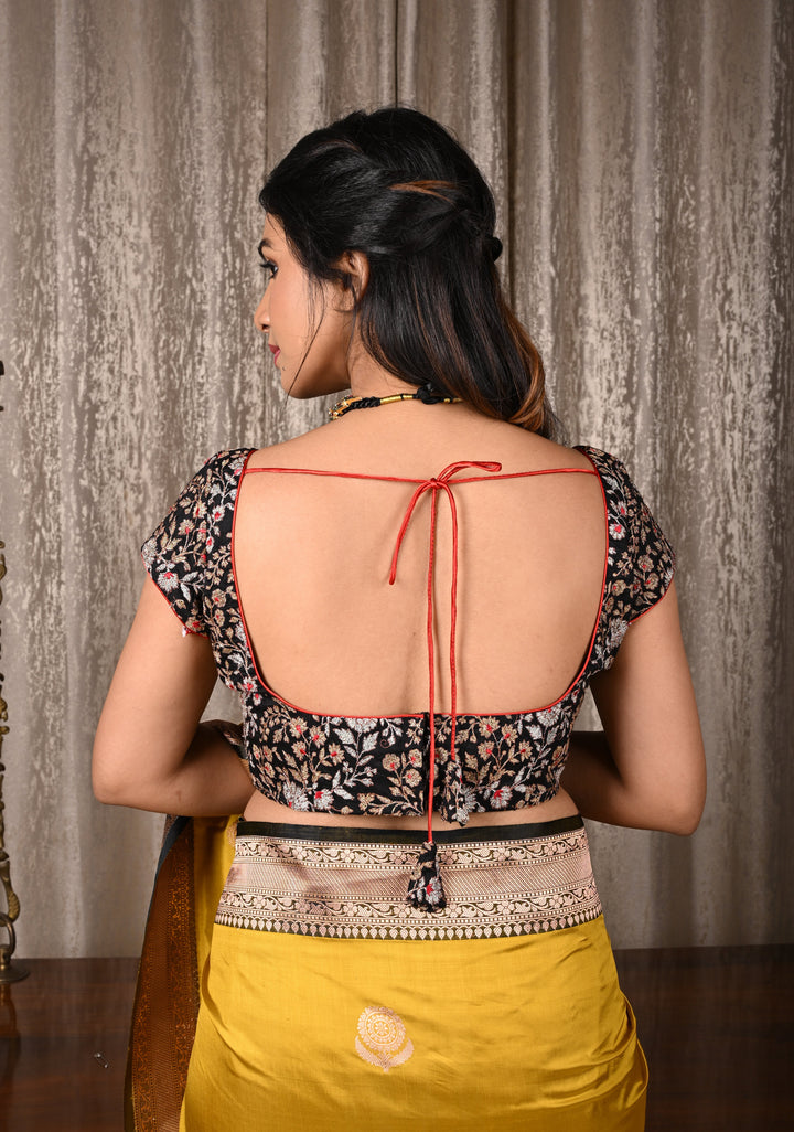 Black Raw Silk Full Jaal Embroidery Blouse with scoop neck and short sleeves, Customizable, Made to order