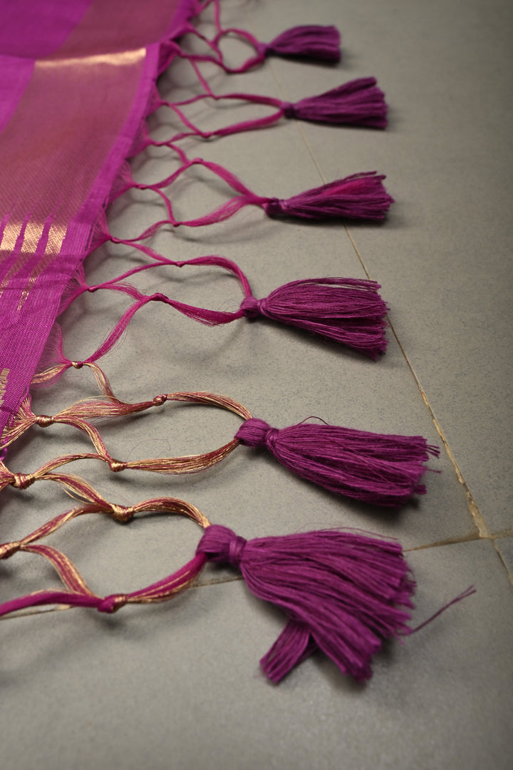 Purple Mercerized Cotton Saree with Temple Zari Border and Tree Of life Pallu | SHOBITAM