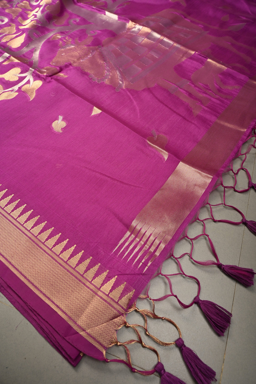 Purple Mercerized Cotton Saree with Temple Zari Border and Tree Of life Pallu | SHOBITAM