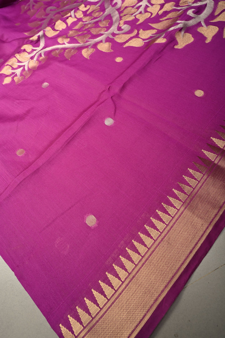 Purple Mercerized Cotton Saree with Temple Zari Border and Tree Of life Pallu | SHOBITAM