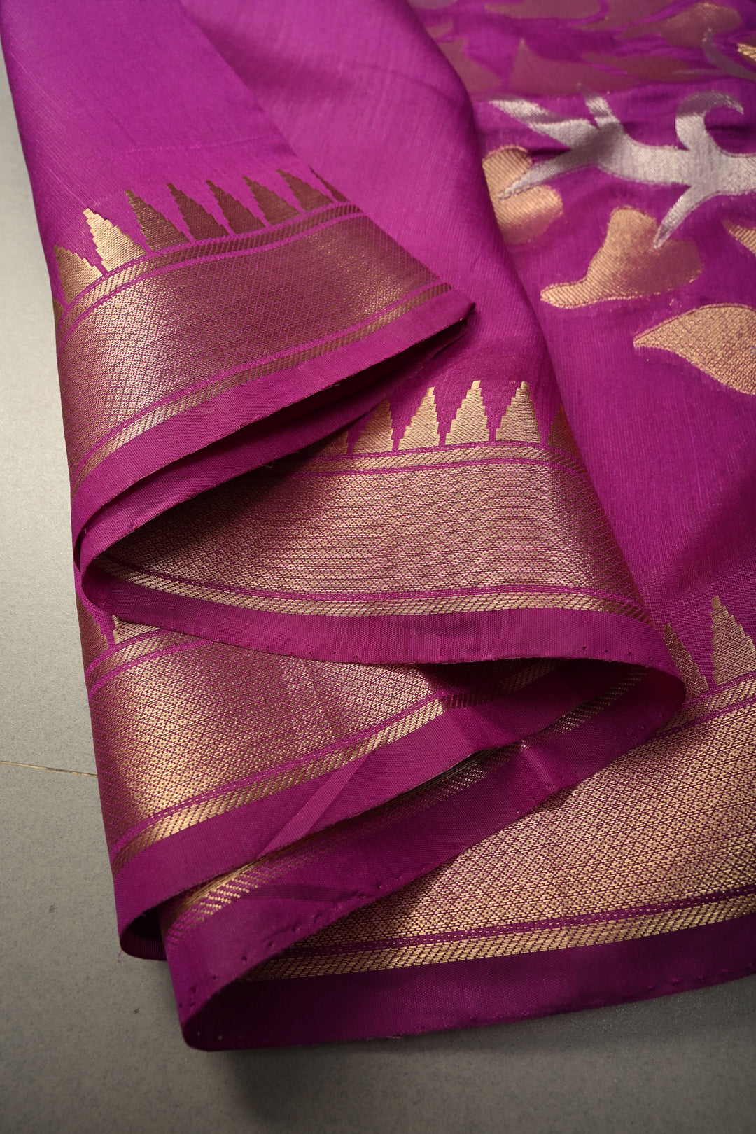 Purple Mercerized Cotton Saree with Temple Zari Border and Tree Of life Pallu | SHOBITAM