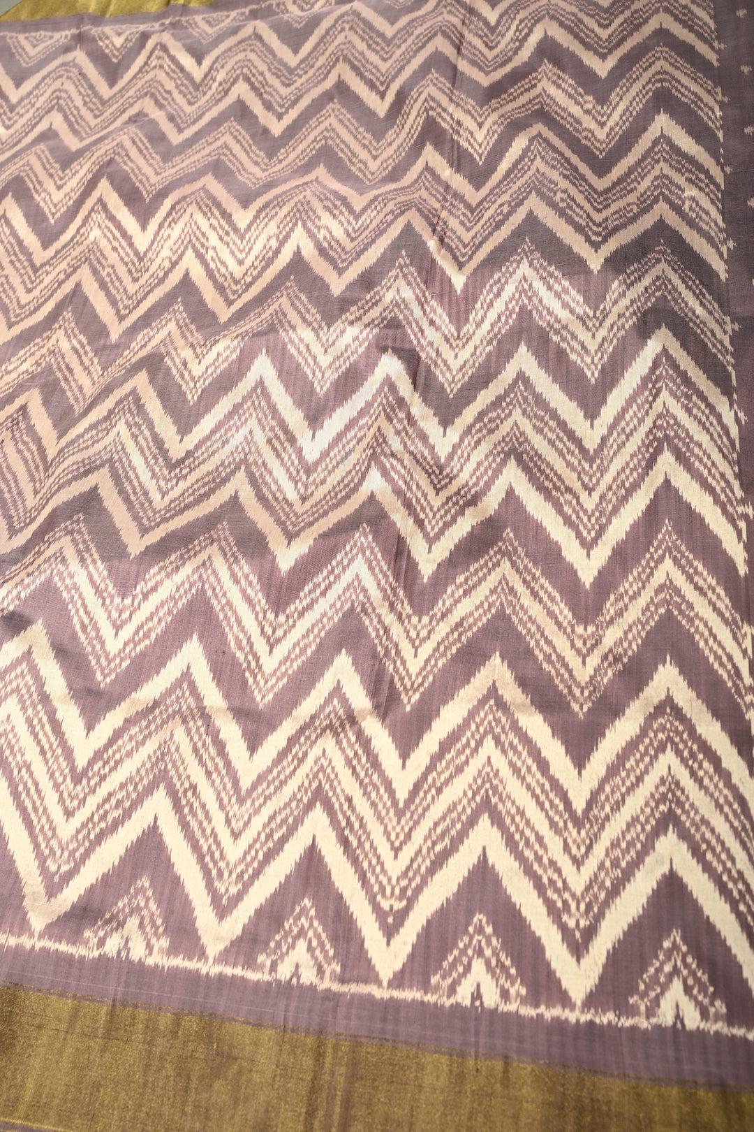 Dusty Mauve-Beige Pochampally Ikkat Pure Silk Half and Half Saree with Chevron Design and Tissue Zari Border  | SILK MARK CERTIFIED | SHOBITAM