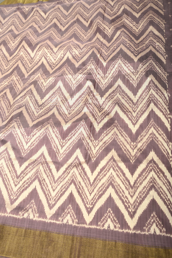 Dusty Mauve-Beige Pochampally Ikkat Pure Silk Half and Half Saree with Chevron Design and Tissue Zari Border  | SILK MARK CERTIFIED | SHOBITAM