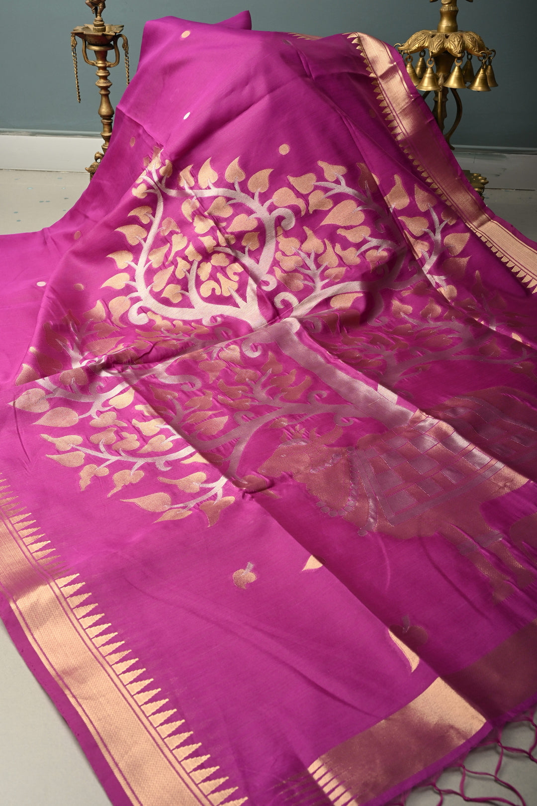 Purple Mercerized Cotton Saree with Temple Zari Border and Tree Of life Pallu | SHOBITAM