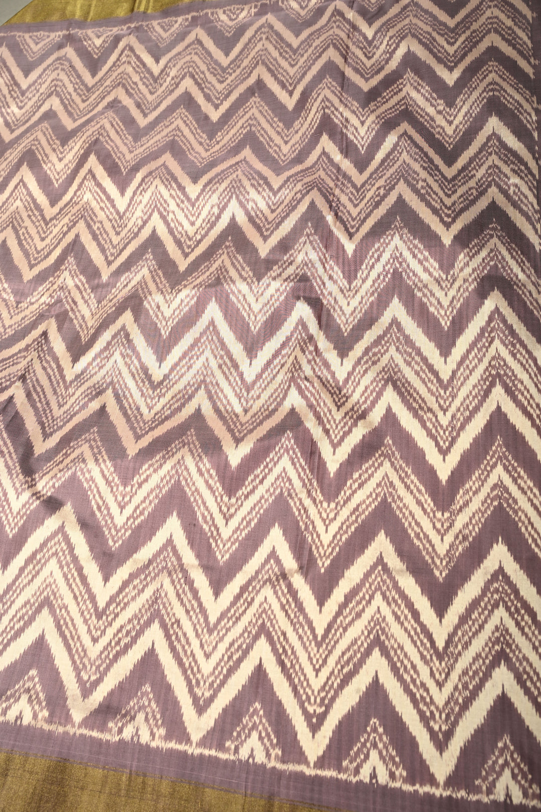 Dusty Mauve-Beige Pochampally Ikkat Pure Silk Half and Half Saree with Chevron Design and Tissue Zari Border  | SILK MARK CERTIFIED | SHOBITAM