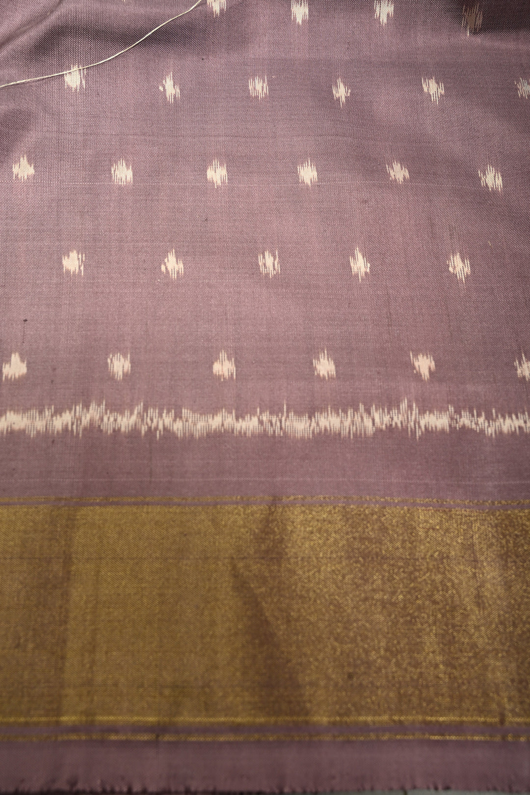 Dusty Mauve-Beige Pochampally Ikkat Pure Silk Half and Half Saree with Chevron Design and Tissue Zari Border  | SILK MARK CERTIFIED | SHOBITAM