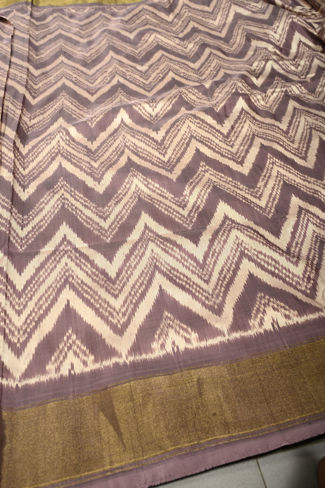 Dusty Mauve-Beige Pochampally Ikkat Pure Silk Half and Half Saree with Chevron Design and Tissue Zari Border  | SILK MARK CERTIFIED | SHOBITAM