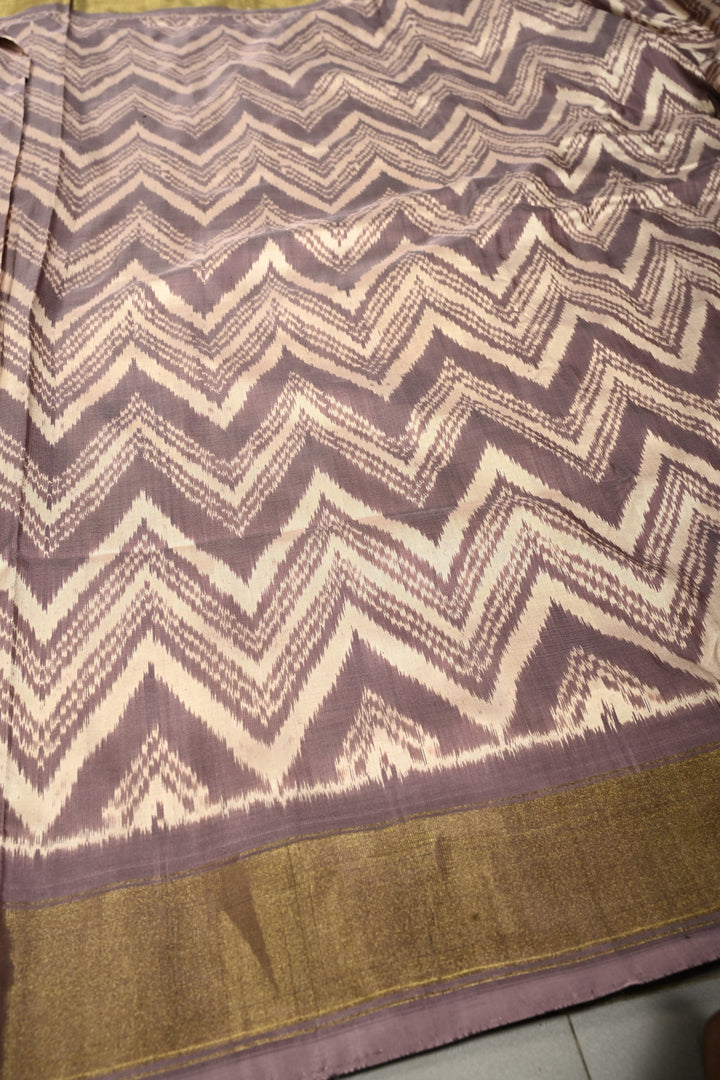 Dusty Mauve-Beige Pochampally Ikkat Pure Silk Half and Half Saree with Chevron Design and Tissue Zari Border  | SILK MARK CERTIFIED | SHOBITAM