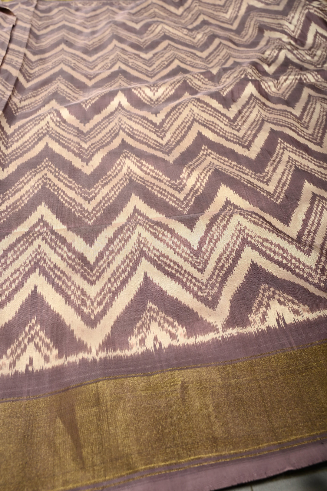 Dusty Mauve-Beige Pochampally Ikkat Pure Silk Half and Half Saree with Chevron Design and Tissue Zari Border  | SILK MARK CERTIFIED | SHOBITAM