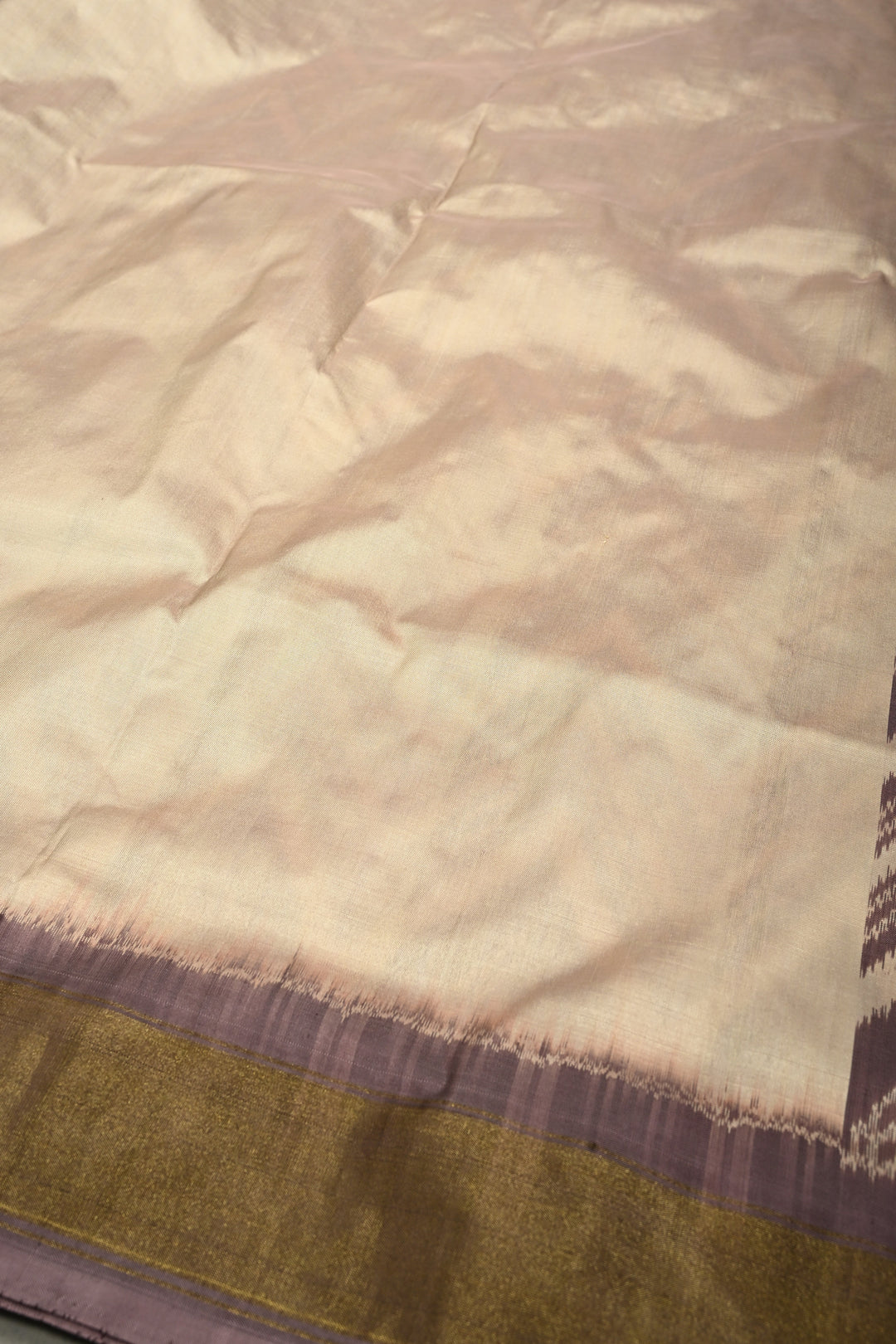 Dusty Mauve-Beige Pochampally Ikkat Pure Silk Half and Half Saree with Chevron Design and Tissue Zari Border  | SILK MARK CERTIFIED | SHOBITAM