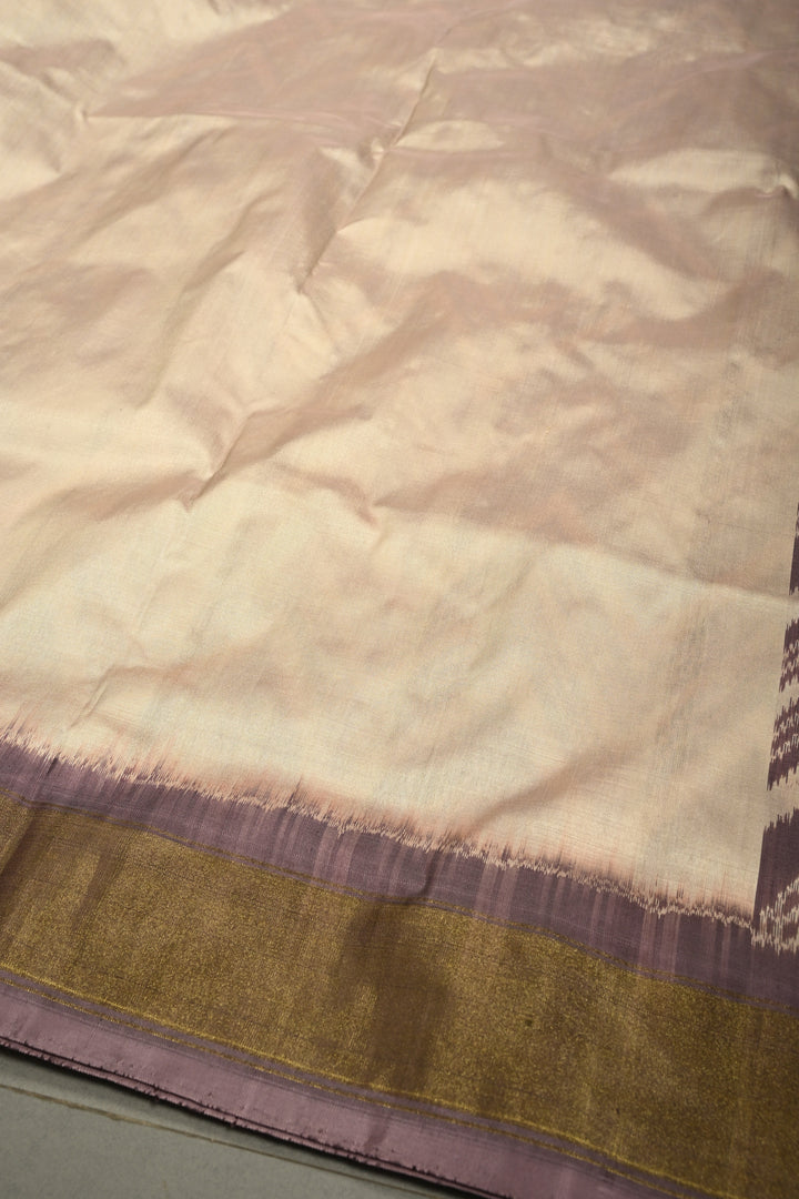 Dusty Mauve-Beige Pochampally Ikkat Pure Silk Half and Half Saree with Chevron Design and Tissue Zari Border  | SILK MARK CERTIFIED | SHOBITAM