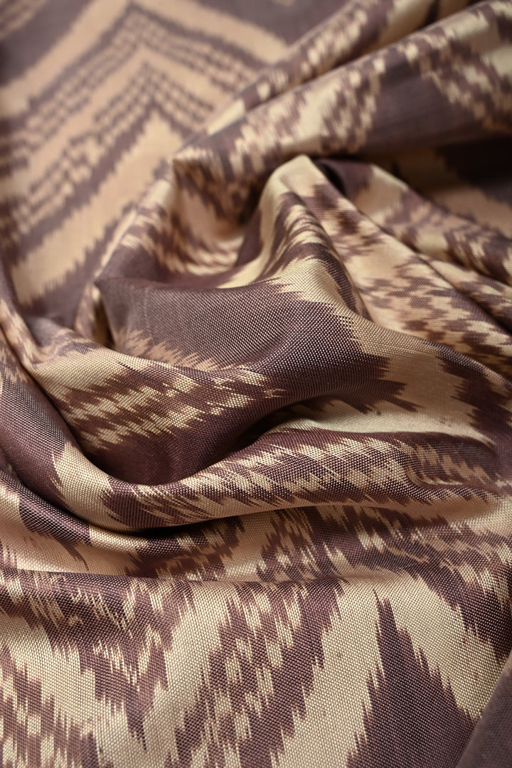Dusty Mauve-Beige Pochampally Ikkat Pure Silk Half and Half Saree with Chevron Design and Tissue Zari Border  | SILK MARK CERTIFIED | SHOBITAM