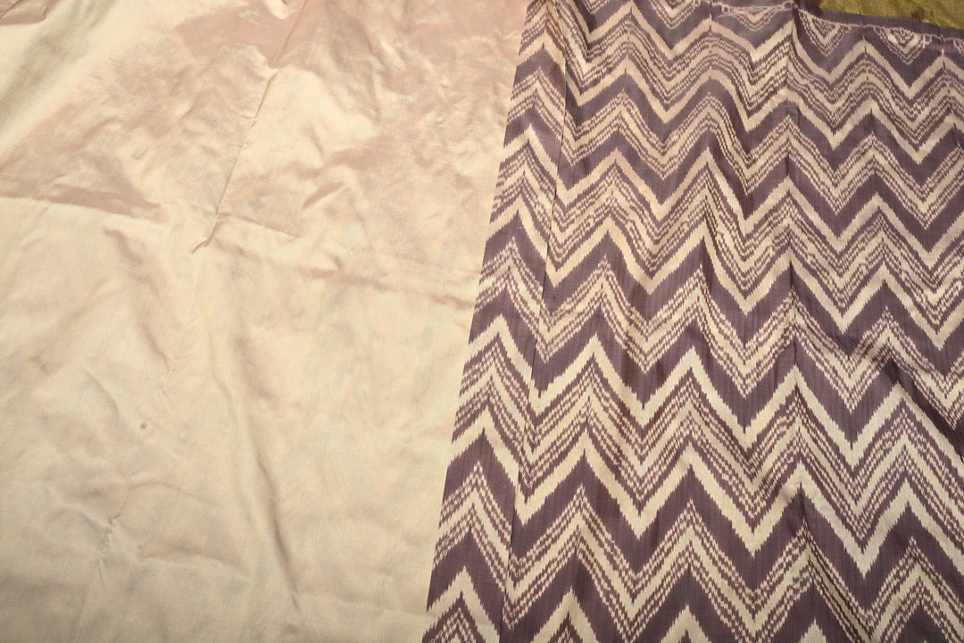 Dusty Mauve-Beige Pochampally Ikkat Pure Silk Half and Half Saree with Chevron Design and Tissue Zari Border  | SILK MARK CERTIFIED | SHOBITAM