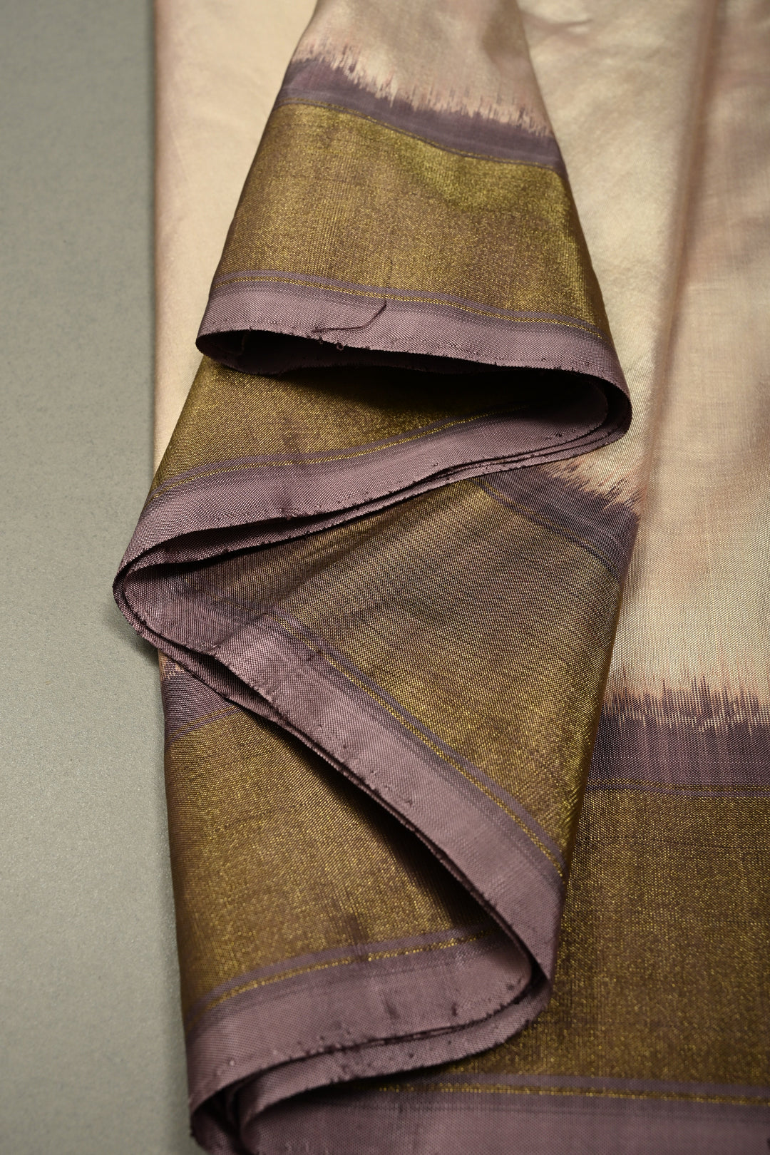 Dusty Mauve-Beige Pochampally Ikkat Pure Silk Half and Half Saree with Chevron Design and Tissue Zari Border  | SILK MARK CERTIFIED | SHOBITAM