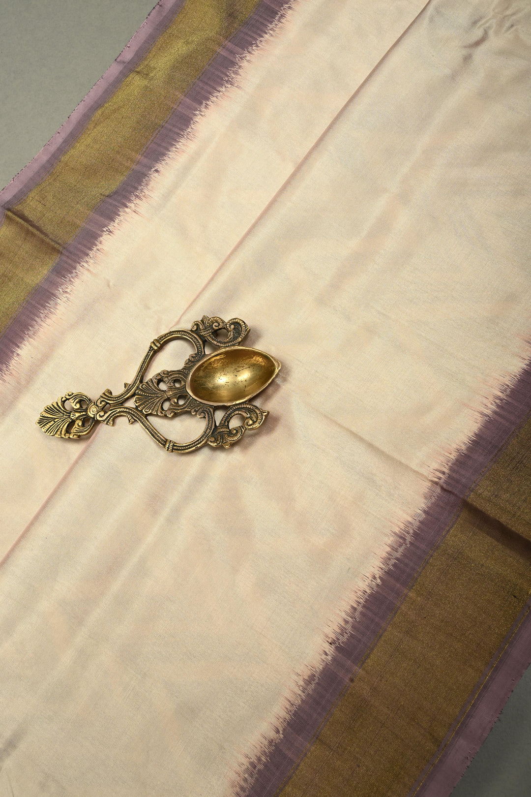 Dusty Mauve-Beige Pochampally Ikkat Pure Silk Half and Half Saree with Chevron Design and Tissue Zari Border  | SILK MARK CERTIFIED | SHOBITAM