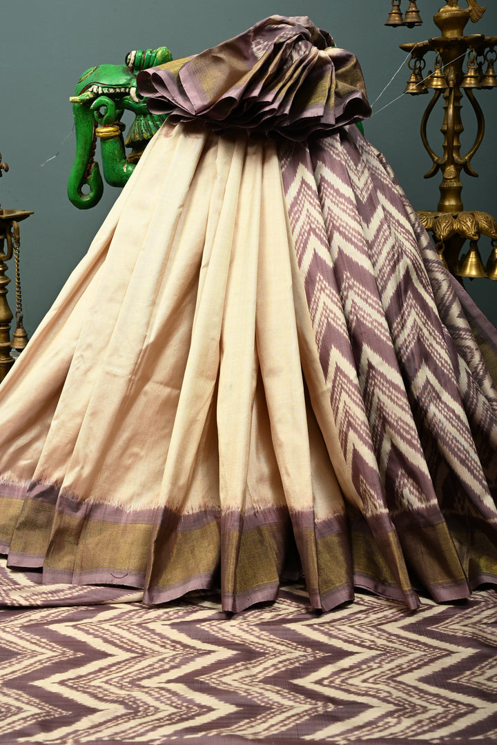 Dusty Mauve-Beige Pochampally Ikkat Pure Silk Half and Half Saree with Chevron Design and Tissue Zari Border  | SILK MARK CERTIFIED | SHOBITAM