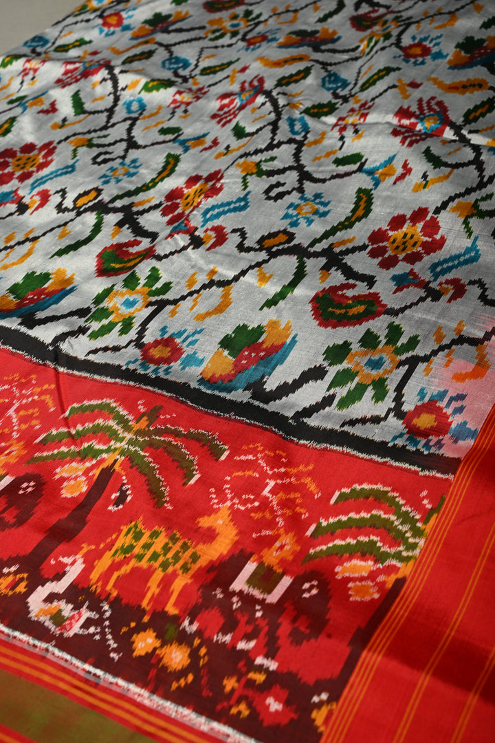 Slate Gray Pochampally Ikkat Pure Silk Saree with Floral Jaal and Vanasingaram Contrast Panel Design on Zari Border  | SILK MARK CERTIFIED | SHOBITAM
