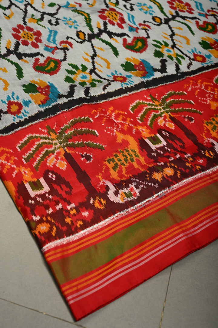 Slate Gray Pochampally Ikkat Pure Silk Saree with Floral Jaal and Vanasingaram Contrast Panel Design on Zari Border  | SILK MARK CERTIFIED | SHOBITAM