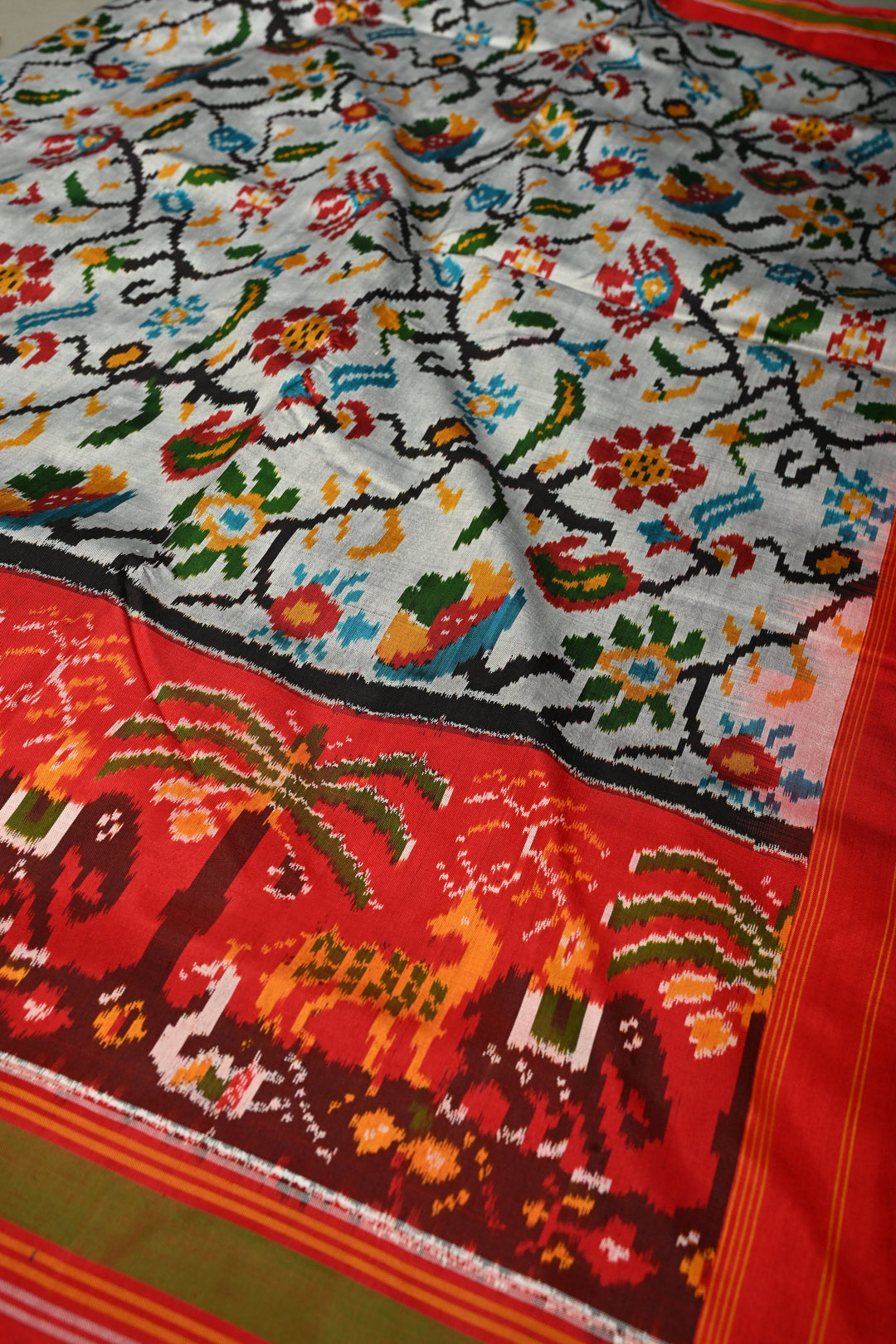 Slate Gray Pochampally Ikkat Pure Silk Saree with Floral Jaal and Vanasingaram Contrast Panel Design on Zari Border  | SILK MARK CERTIFIED | SHOBITAM