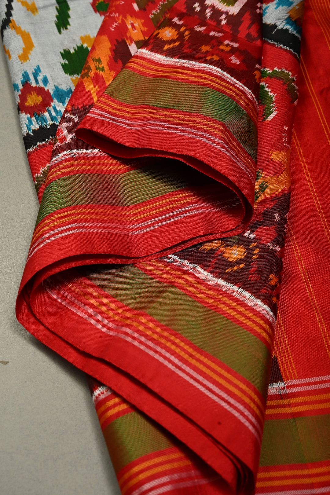 Slate Gray Pochampally Ikkat Pure Silk Saree with Floral Jaal and Vanasingaram Contrast Panel Design on Zari Border  | SILK MARK CERTIFIED | SHOBITAM
