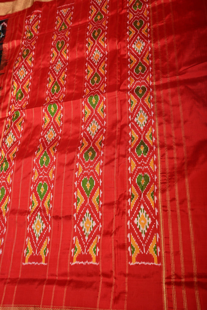 Black Pochampally Ikkat Pure Silk Saree with Peacock Brocade and Vanasingaram Contrast Panel Design on Kaddi Zari Border  | SILK MARK CERTIFIED | SHOBITAM